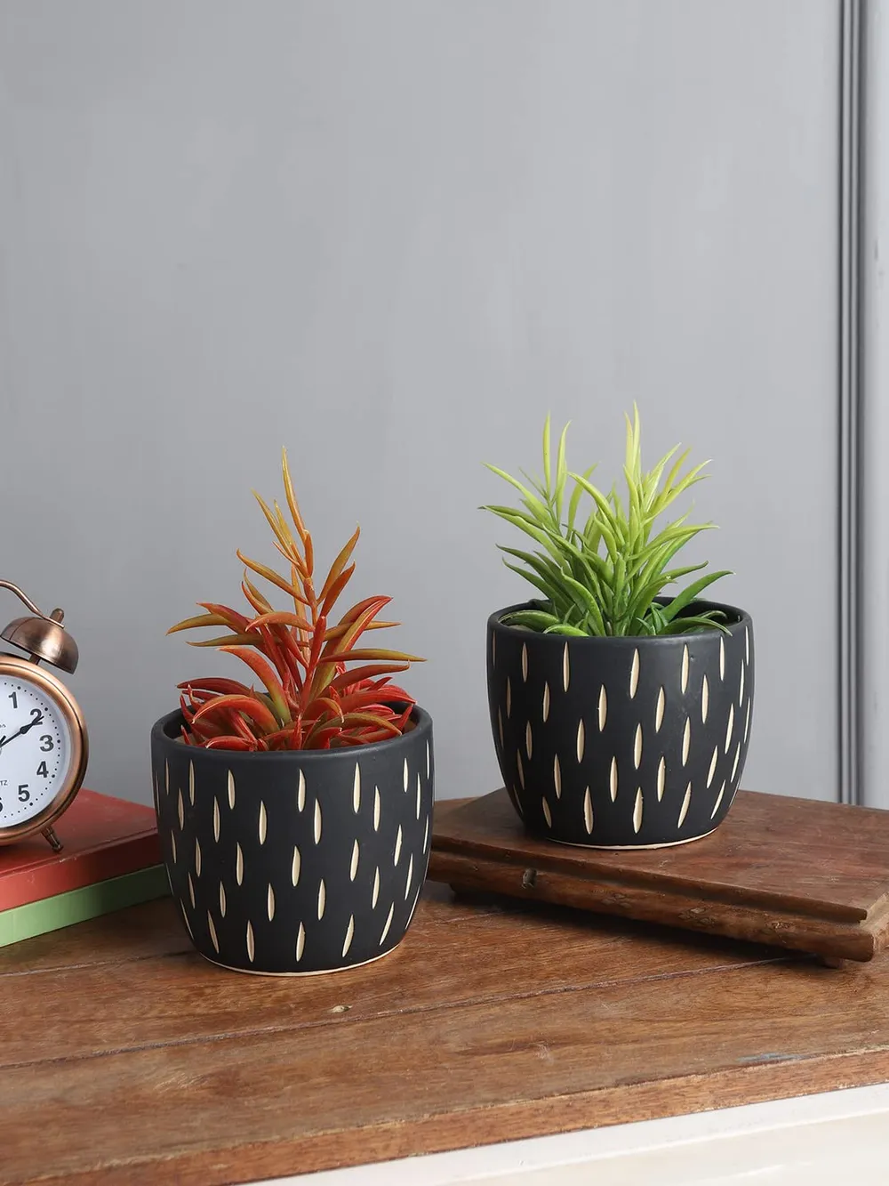 Printed Brown Ceramic Small Plant Pots Set Of 2