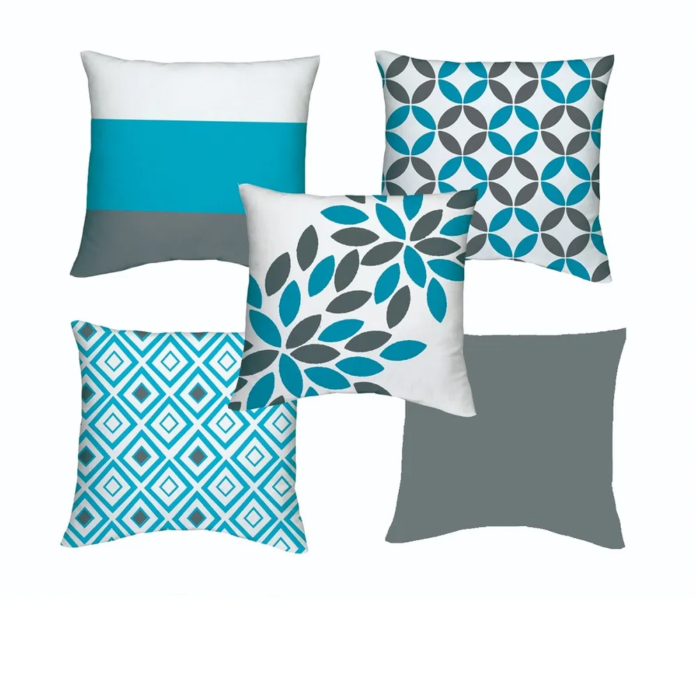 Printed Cotton Blue & Grey Cushion Covers 16x16in Set of 5