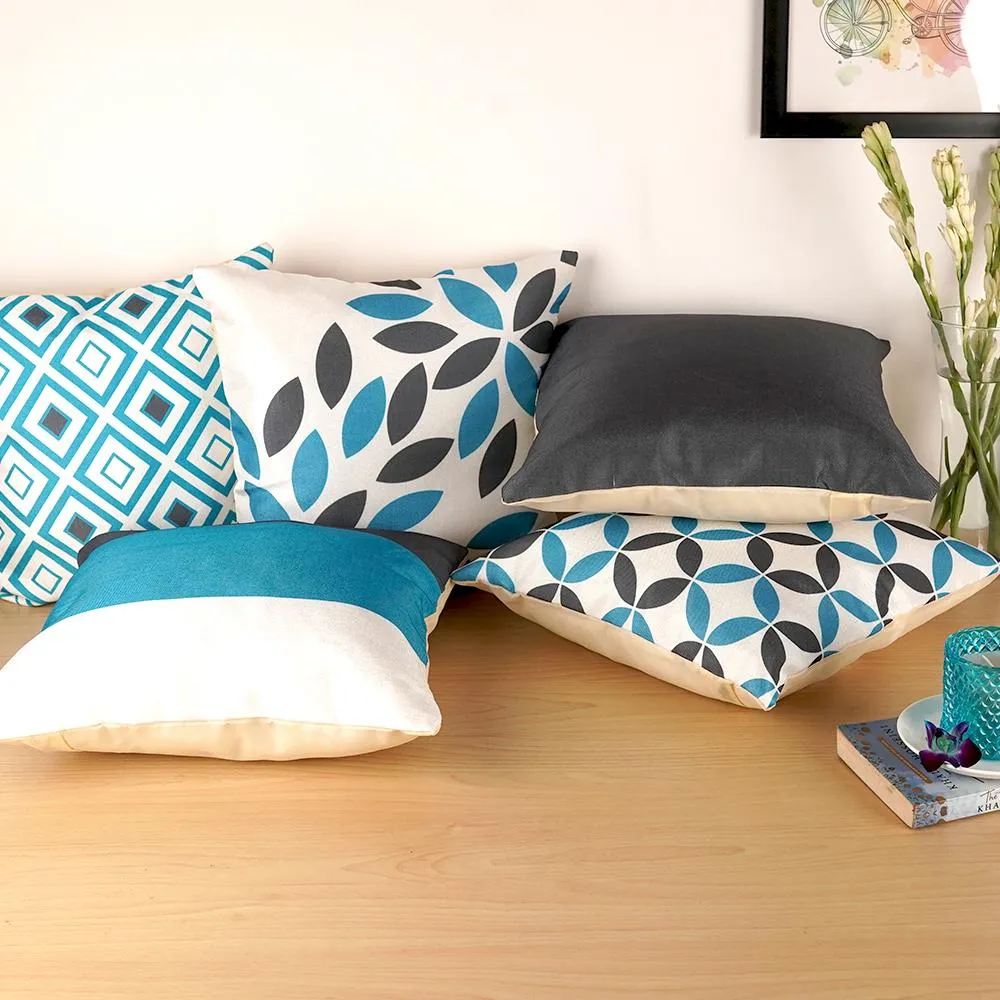 Printed Cotton Blue & Grey Cushion Covers 16x16in Set of 5