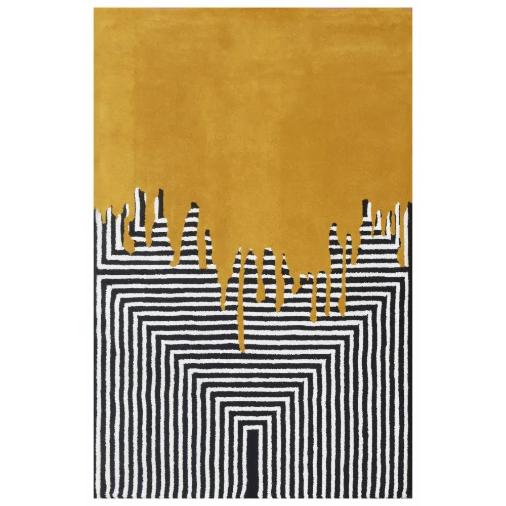 Pseudo Geometric Pattern Yellow & Black Tufted Area Carpet 3X5ft