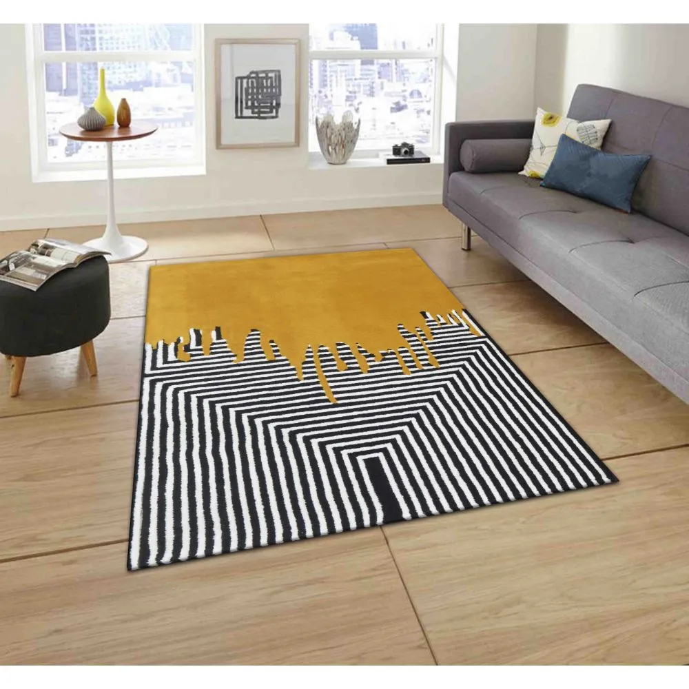 Pseudo Geometric Pattern Yellow & Black Tufted Area Carpet 3X5ft