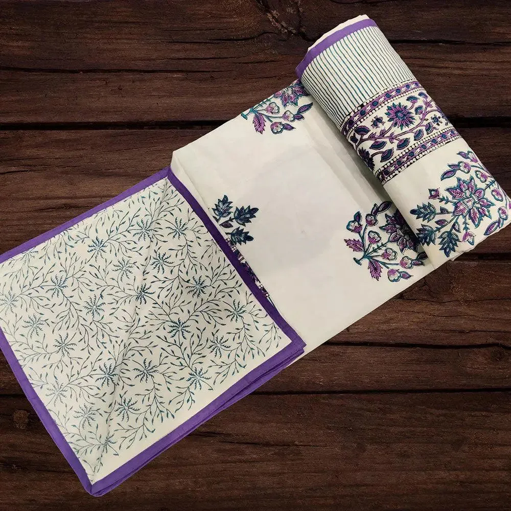 Purple & Blue Floral Designer Hand Block Printed Single Bed Cotton Dohar