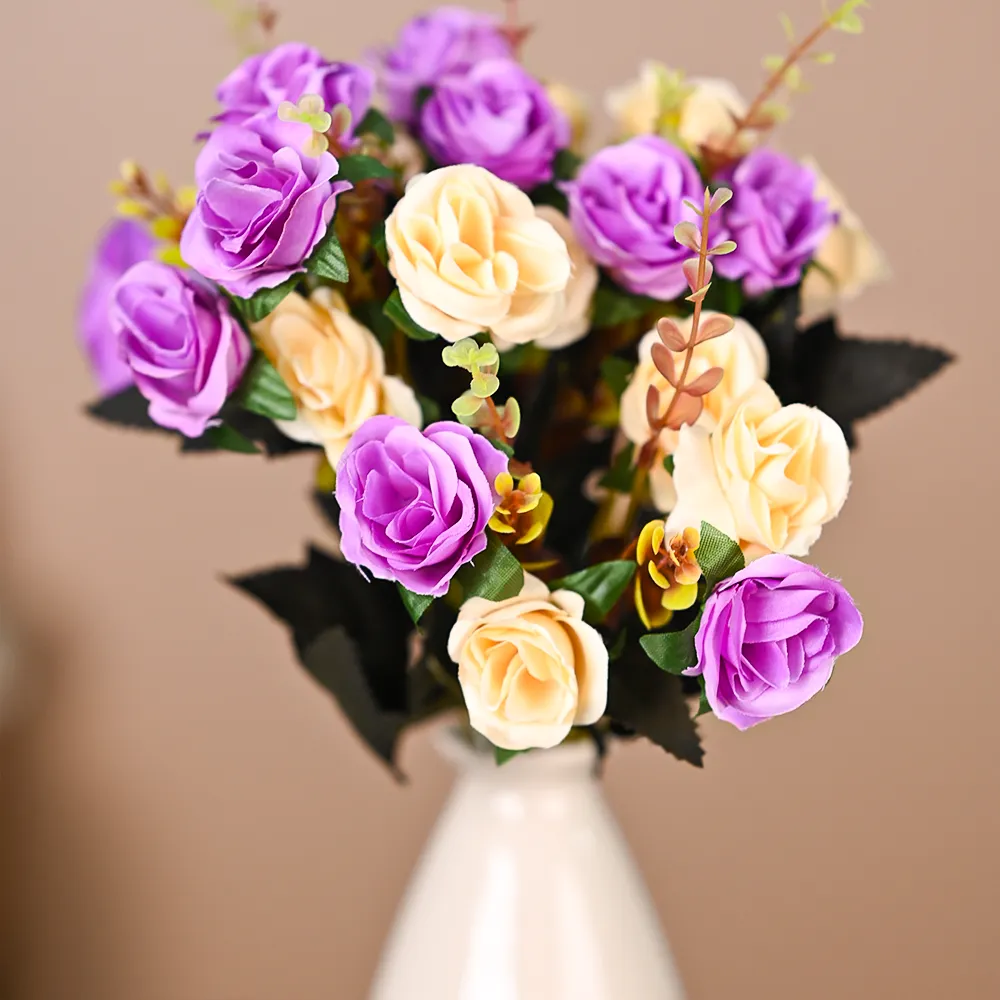 Purple & Cream Artificial Rose Bunch Set Of 2