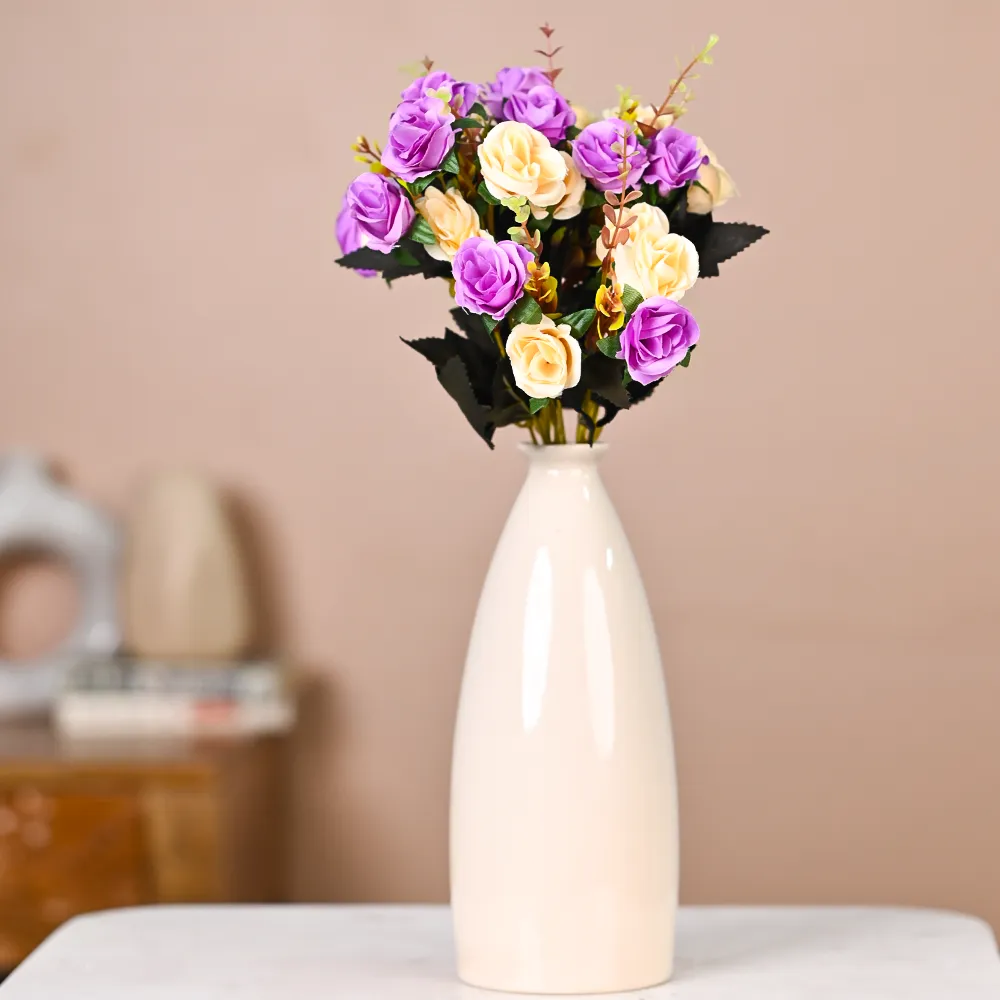 Purple & Cream Artificial Rose Bunch Set Of 2