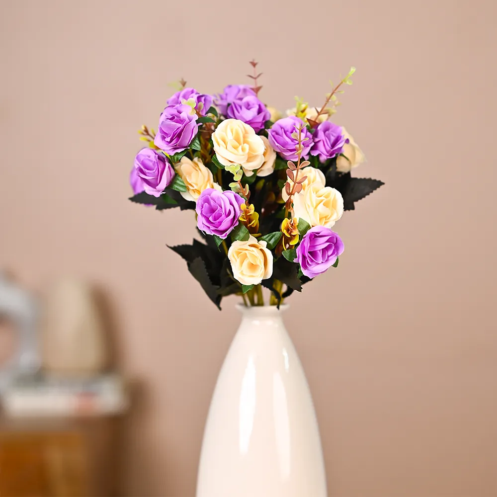 Purple & Cream Artificial Rose Bunch Set Of 2