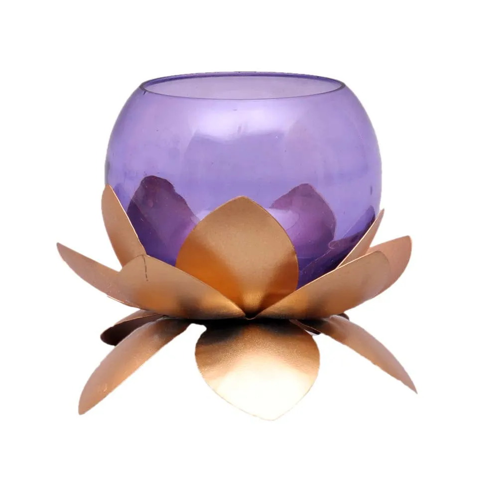 Purple Glass On Golden Lotus Tea Light Candle Holders Set of 2