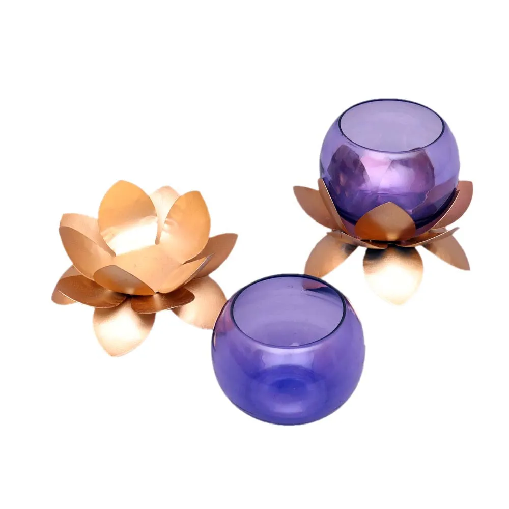 Purple Glass On Golden Lotus Tea Light Candle Holders Set of 2