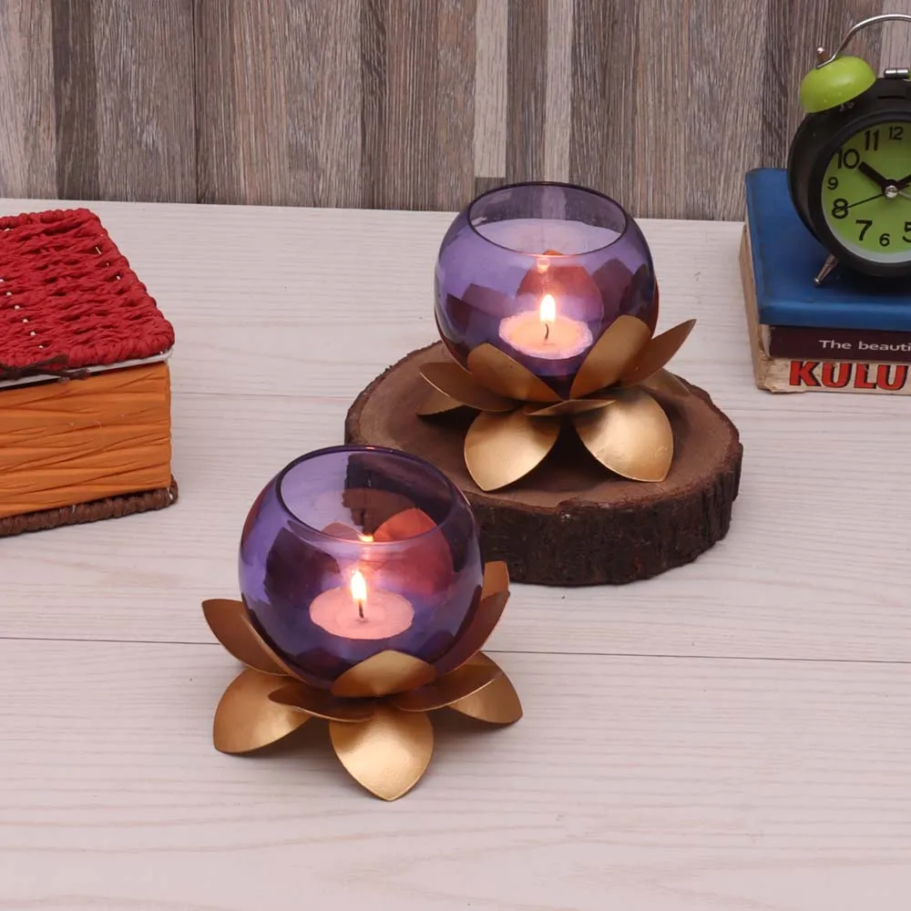 Purple Glass On Golden Lotus Tea Light Candle Holders Set of 2