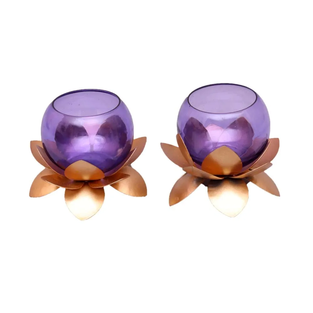 Purple Glass On Golden Lotus Tea Light Candle Holders Set of 2