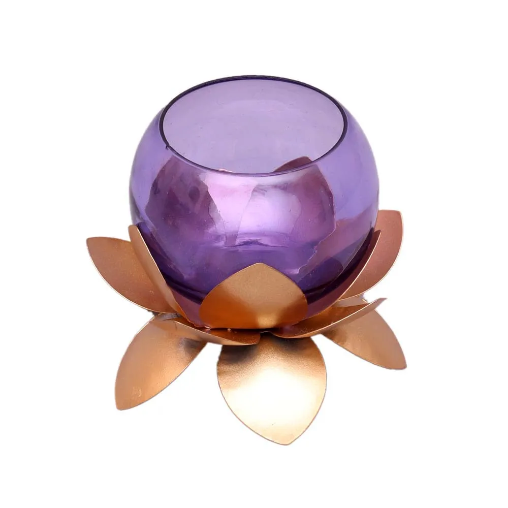Purple Glass On Golden Lotus Tea Light Candle Holders Set of 2