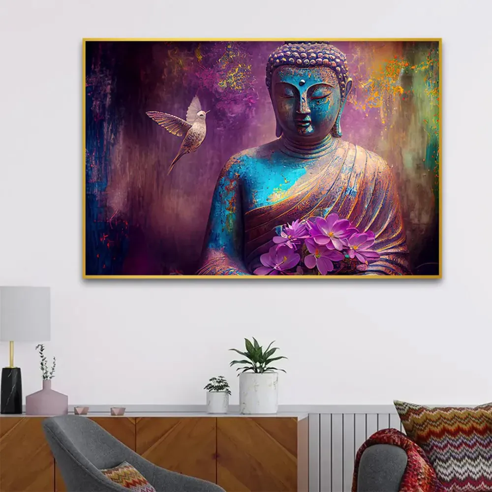 Purple Meditation Buddha Canvas Wall Painting With Frame