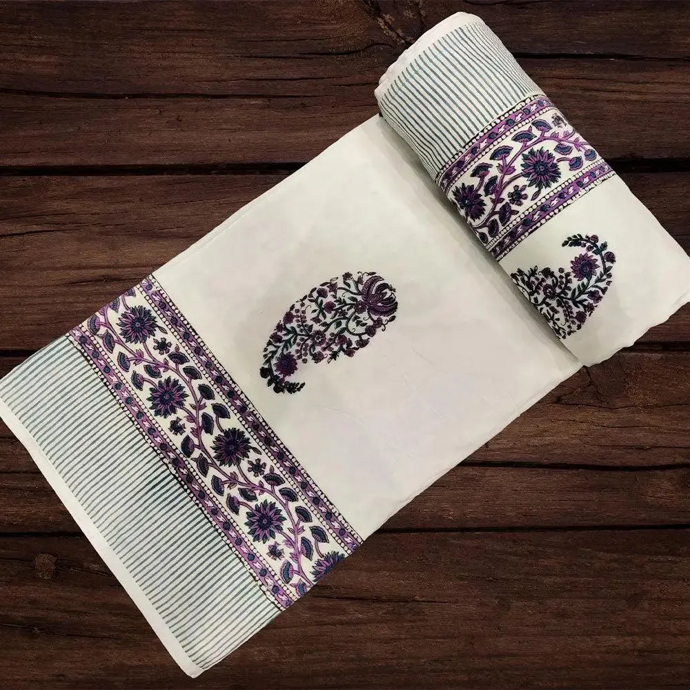 Purple Paisley Traditional Hand Block Printed Single Bed Cotton Dohar