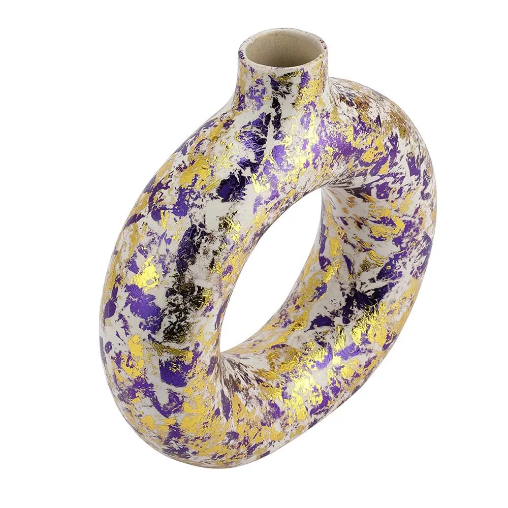 Purple Splashed Ceramic Donut Flower Vase