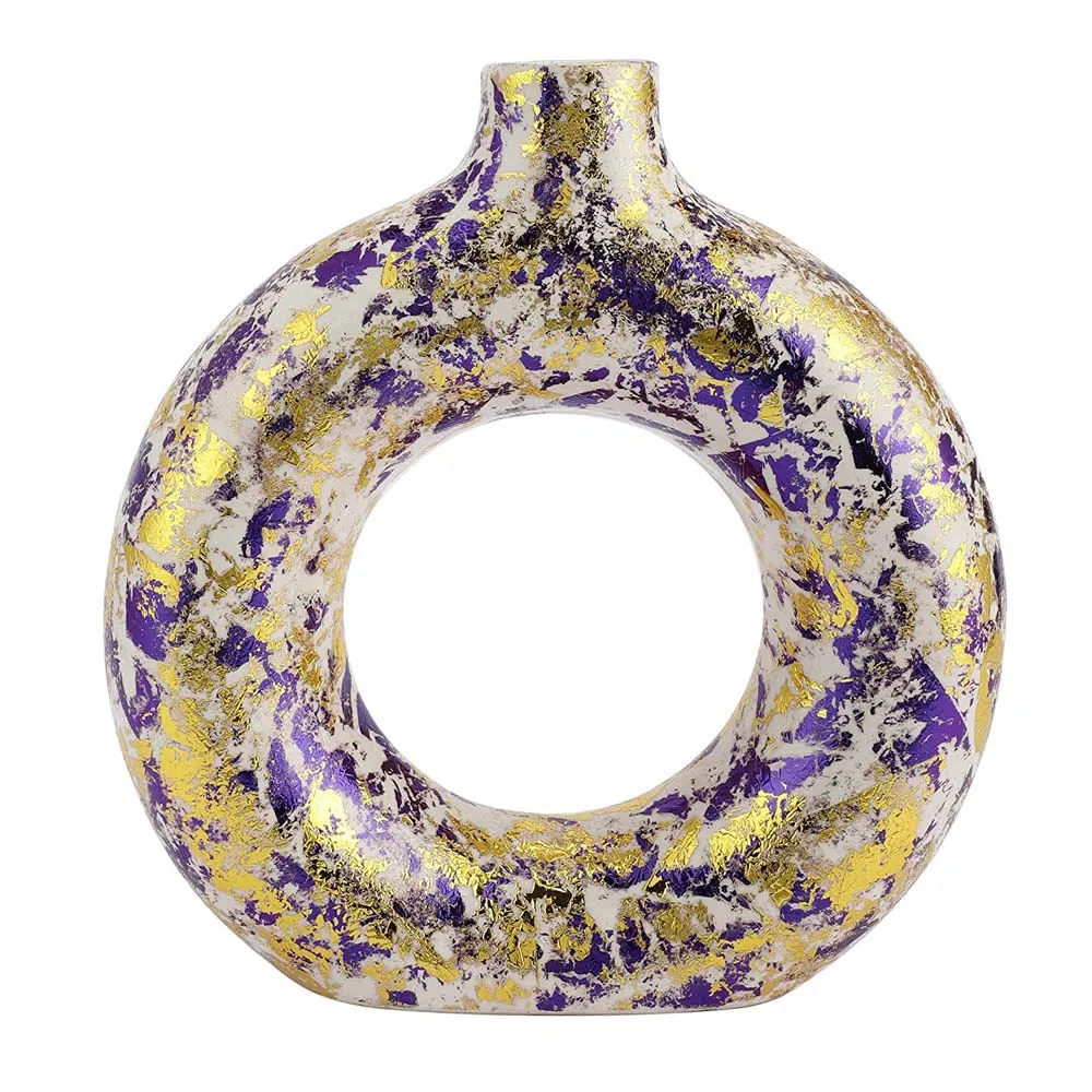 Purple Splashed Ceramic Donut Flower Vase