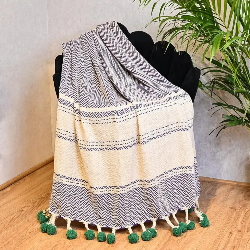 Purple Yellow & Peach Striped Tasseled Cotton Throw