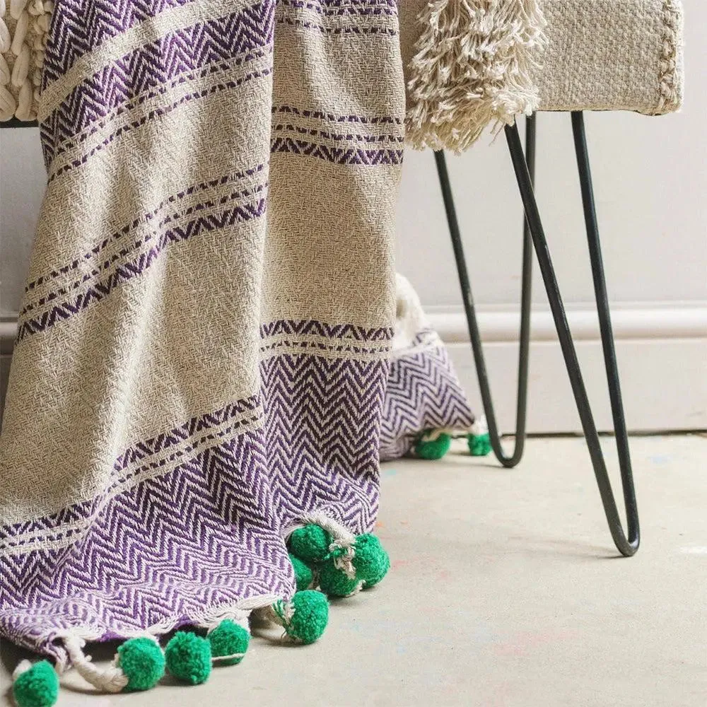 Purple Yellow & Peach Striped Tasseled Cotton Throw