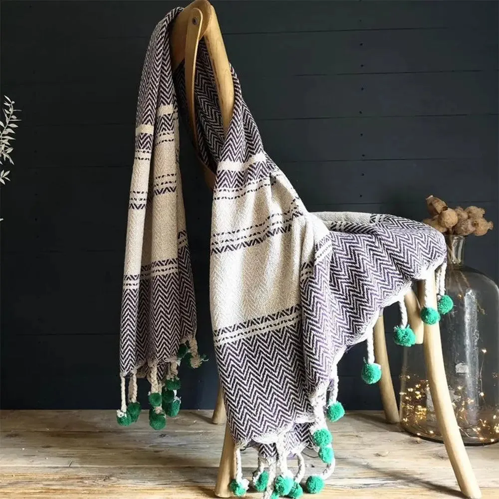 Purple Yellow & Peach Striped Tasseled Cotton Throw