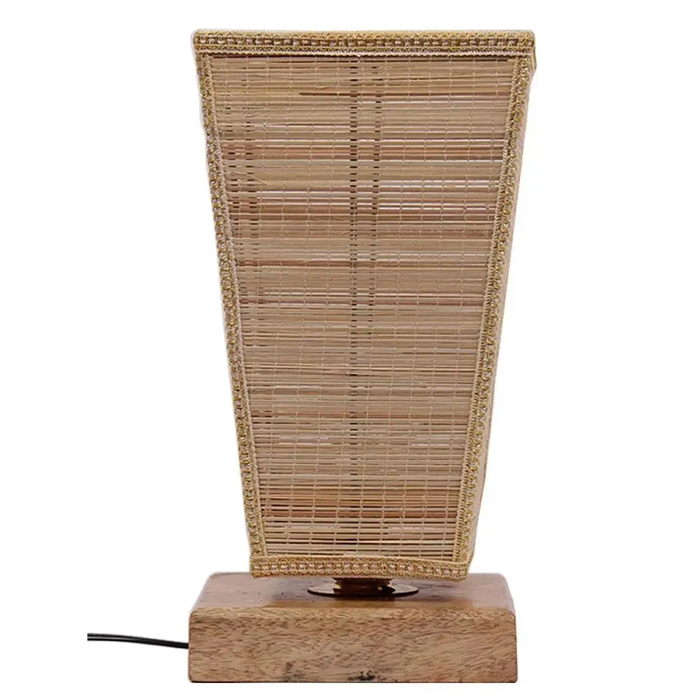 Pyramid Bamboo Shade with Square Wood Base Table Lamp