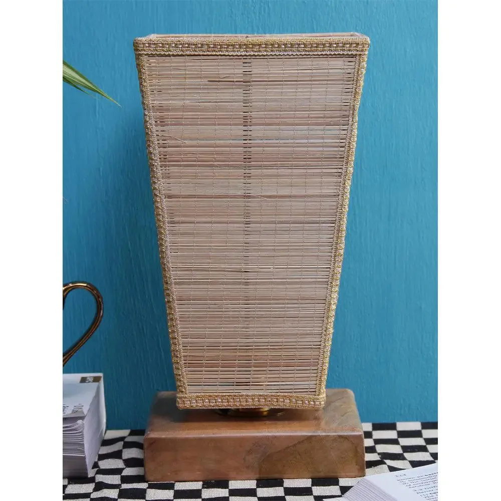 Pyramid Bamboo Shade with Square Wood Base Table Lamp