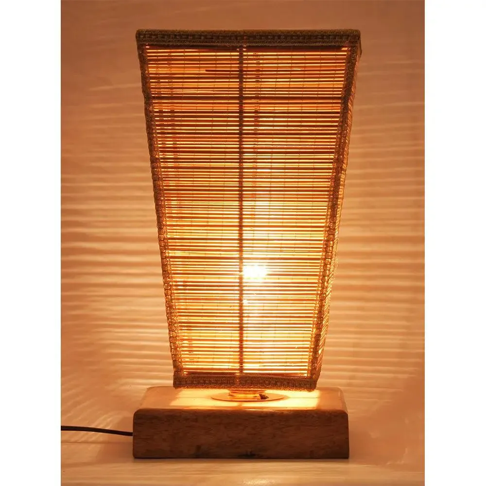 Pyramid Bamboo Shade with Square Wood Base Table Lamp