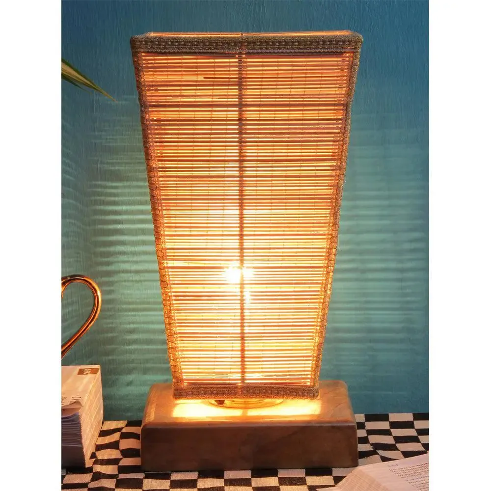 Pyramid Bamboo Shade with Square Wood Base Table Lamp