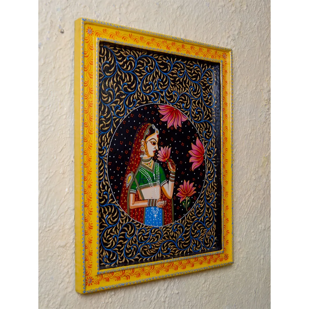 Queen With Lotus Painted Framed Wooden Wall Panel