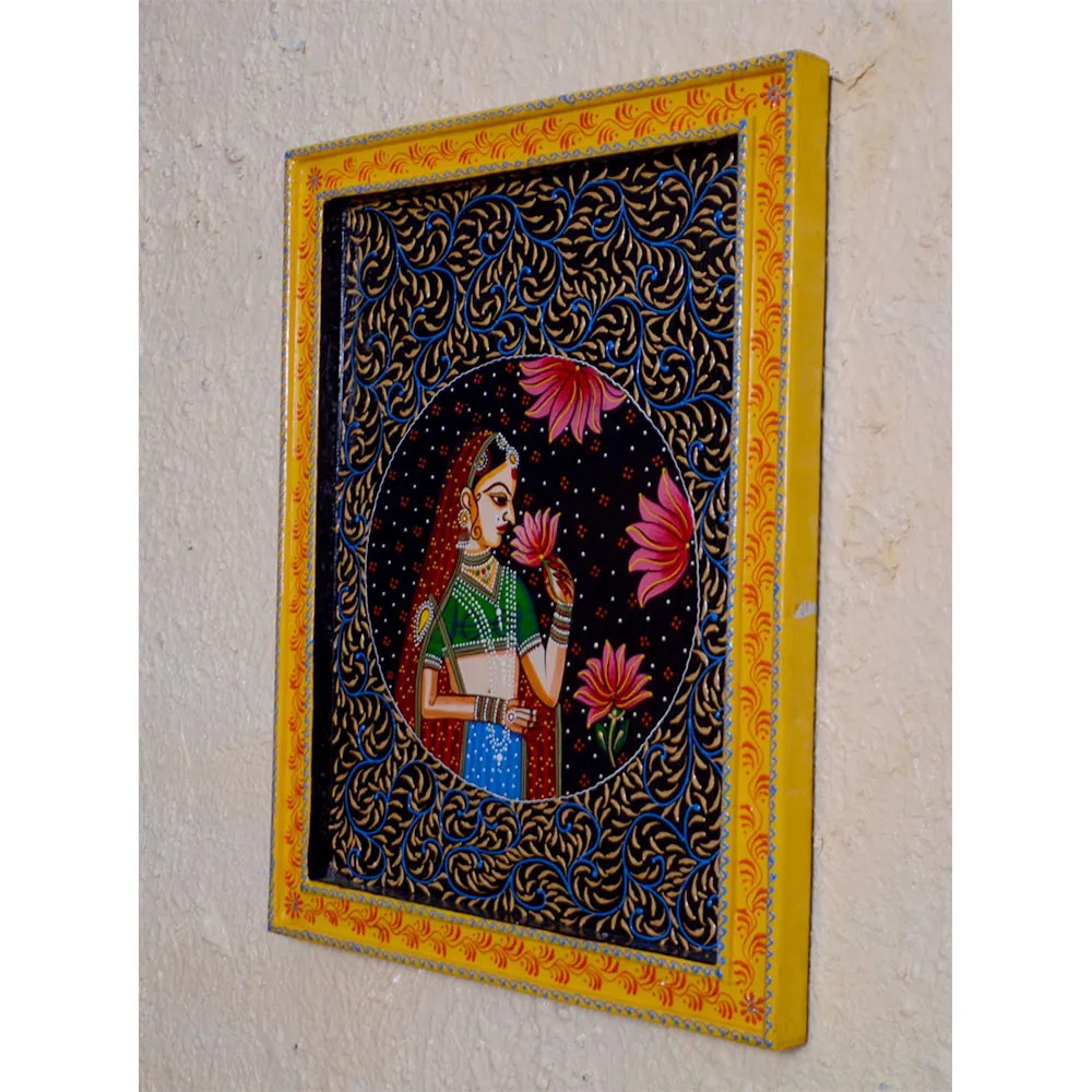 Queen With Lotus Painted Framed Wooden Wall Panel