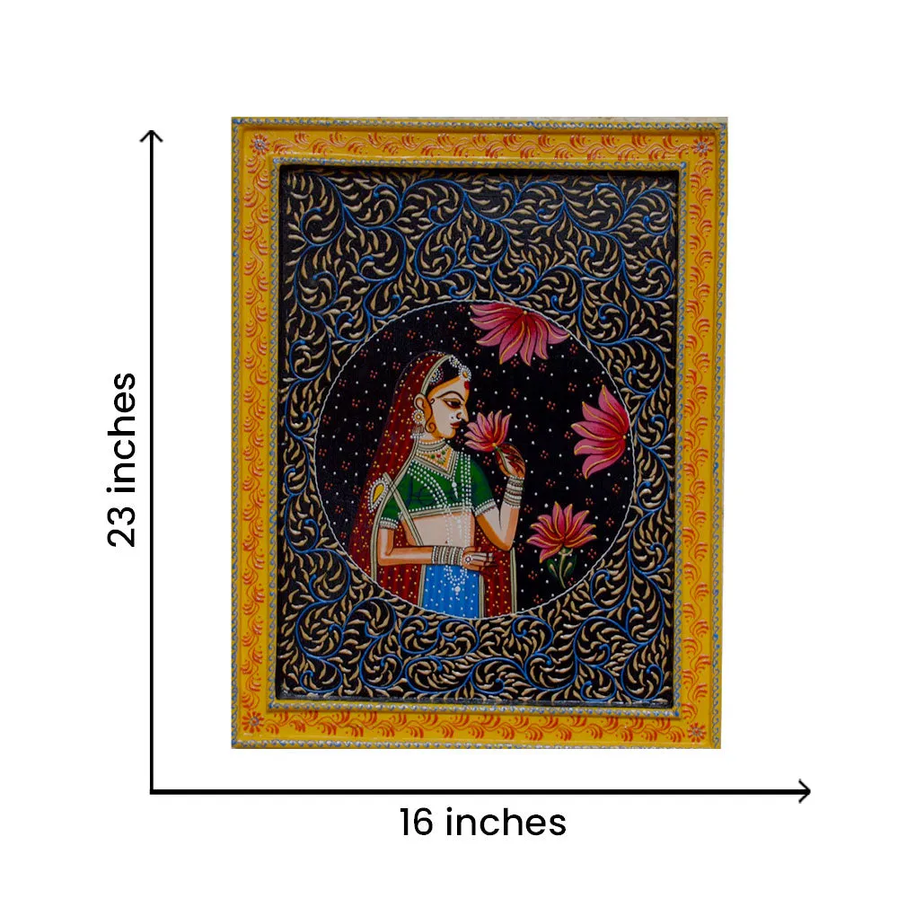 Queen With Lotus Painted Framed Wooden Wall Panel