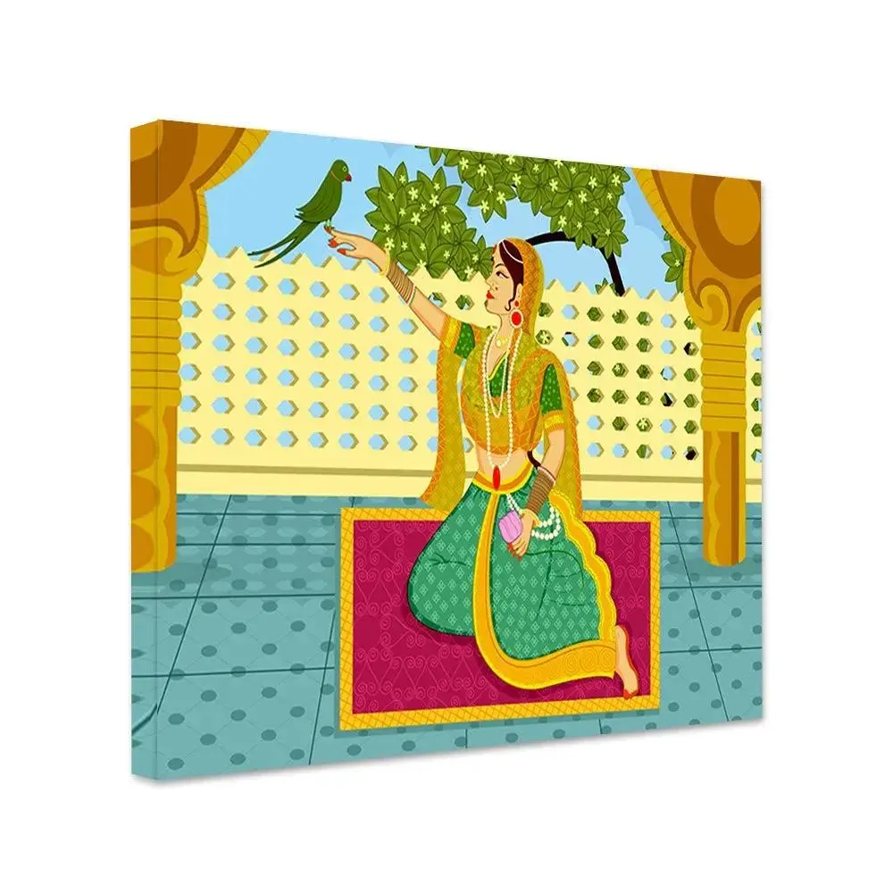 Queen with parrot Beautiful Madhubani Painting /  Canvas Print  Stretched on Wood Bars 61 x 41cm With Frame