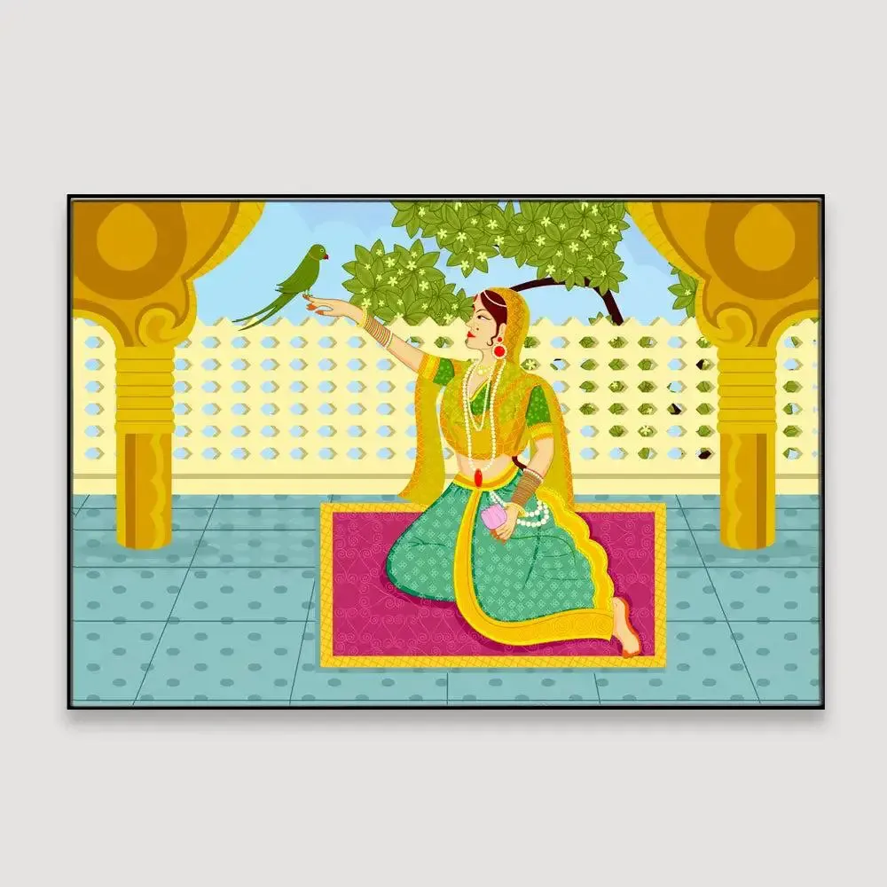 Queen with parrot Beautiful Madhubani Painting /  Canvas Print  Stretched on Wood Bars 61 x 41cm With Frame