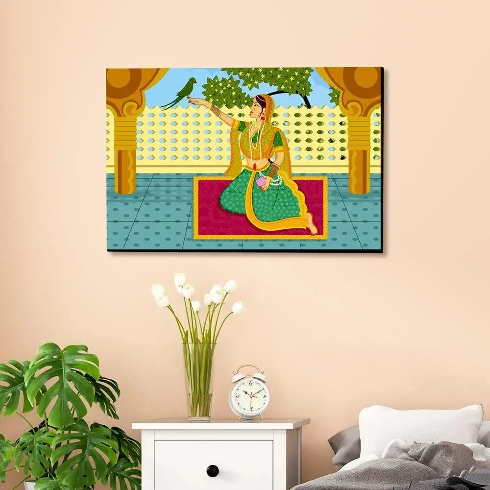 Queen with parrot Beautiful Madhubani Painting /  Canvas Print  Stretched on Wood Bars 61 x 41cm With Frame