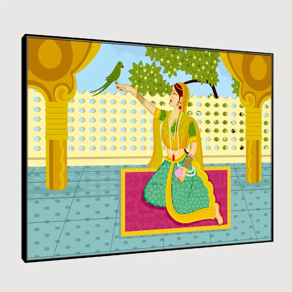 Queen with parrot Beautiful Madhubani Painting /  Canvas Print  Stretched on Wood Bars 61 x 41cm With Frame