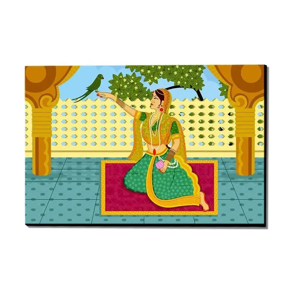 Queen with parrot Beautiful Madhubani Painting /  Canvas Print  Stretched on Wood Bars 61 x 41cm With Frame