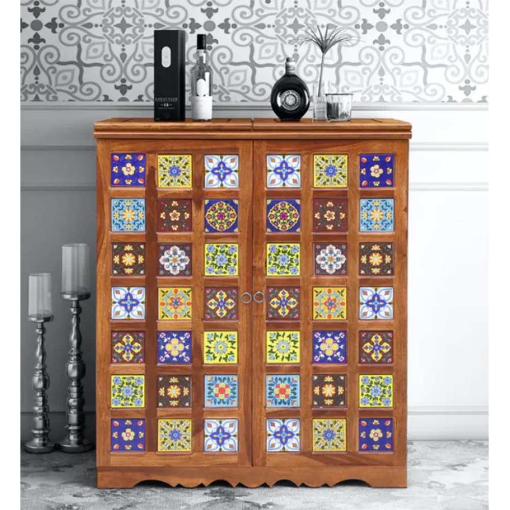 Quintessential Ethnic Block Patterned Sheesham Wood Bar Cabinet