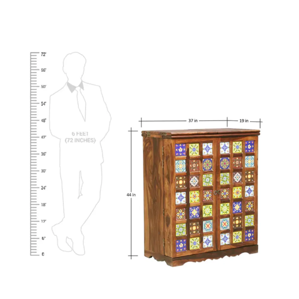 Quintessential Ethnic Block Patterned Sheesham Wood Bar Cabinet