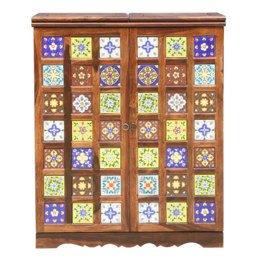Quintessential Ethnic Block Patterned Sheesham Wood Bar Cabinet