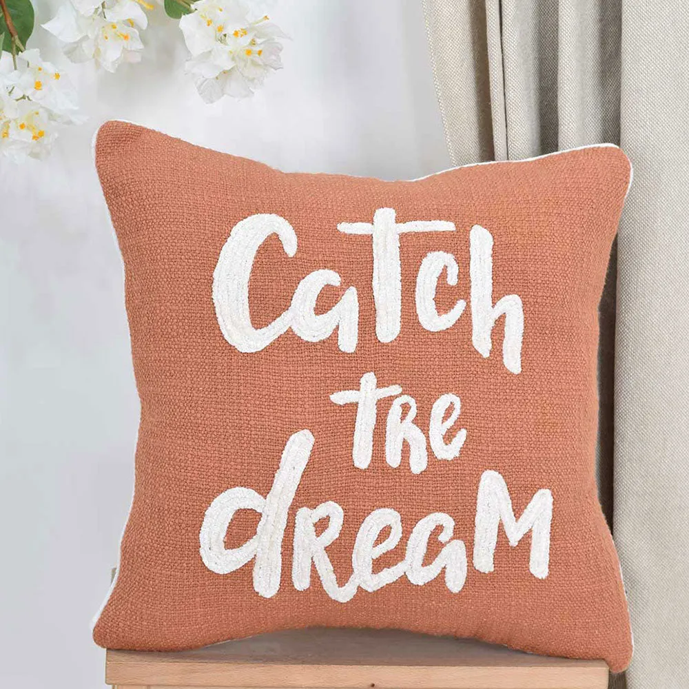 Quirky Orange Catch The Dream Embroidered  100% Cotton Cushion Cover Set Of 1