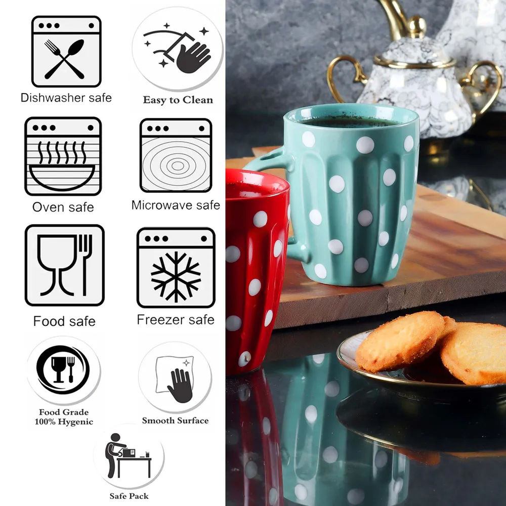 Quirky Polka Dot Designer Red & Blue Printed high-quality Ceramic Coffee Mug Set