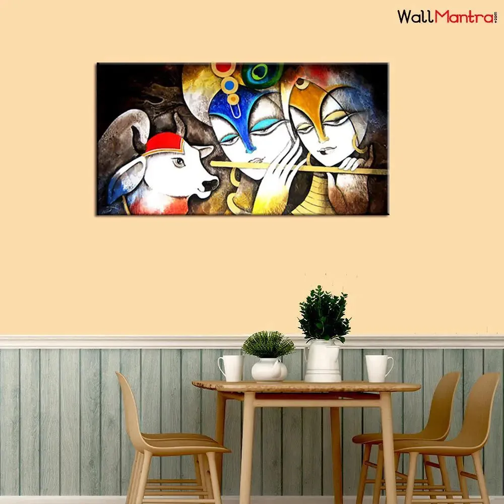 Radha Krishan with Cow &amp; Flute Canvas  Big Panoramic Wall Painting With Frame