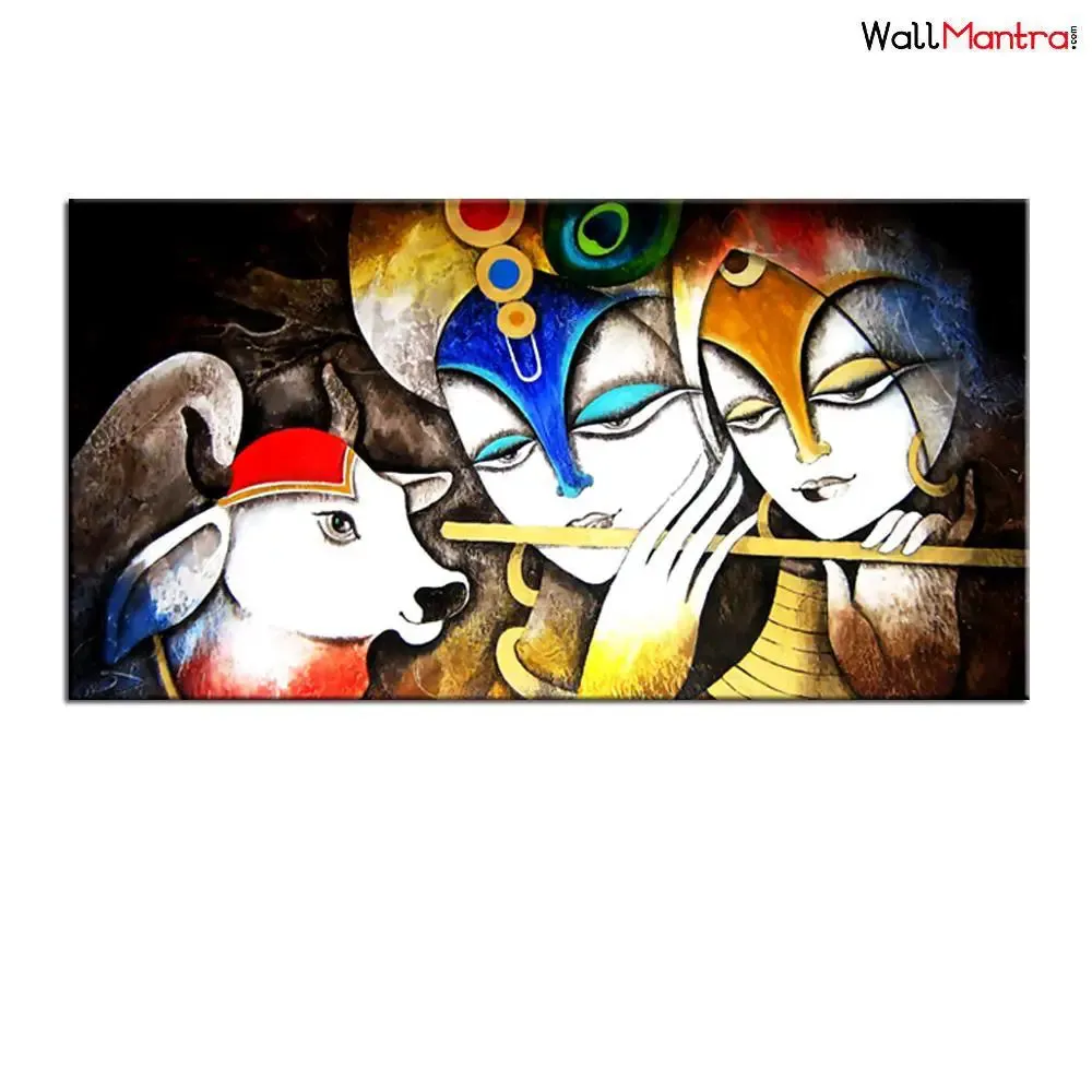 Radha Krishan with Cow &amp; Flute Canvas  Big Panoramic Wall Painting With Frame