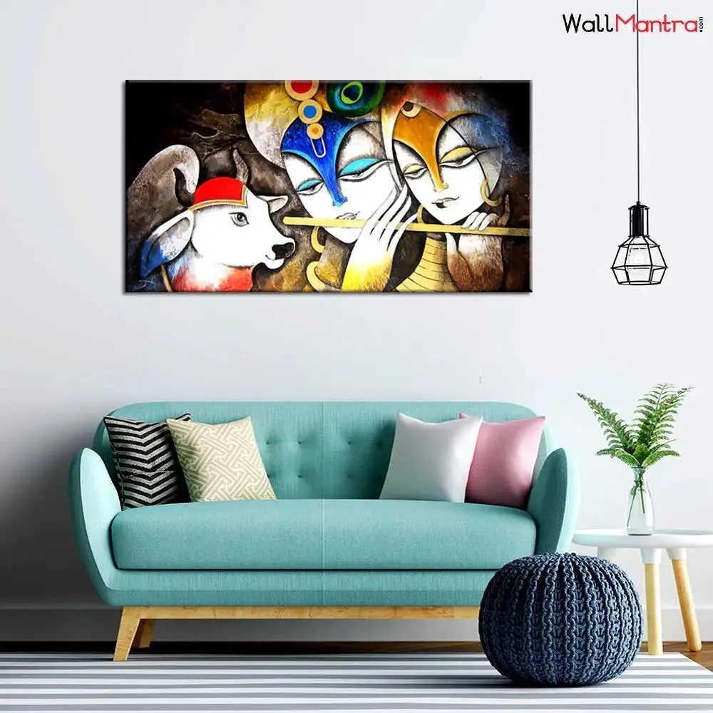 Radha Krishan with Cow &amp; Flute Canvas  Big Panoramic Wall Painting With Frame
