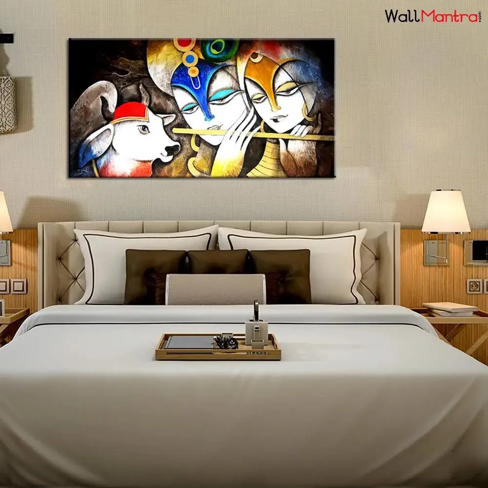 Radha Krishan with Cow &amp; Flute Canvas  Big Panoramic Wall Painting With Frame
