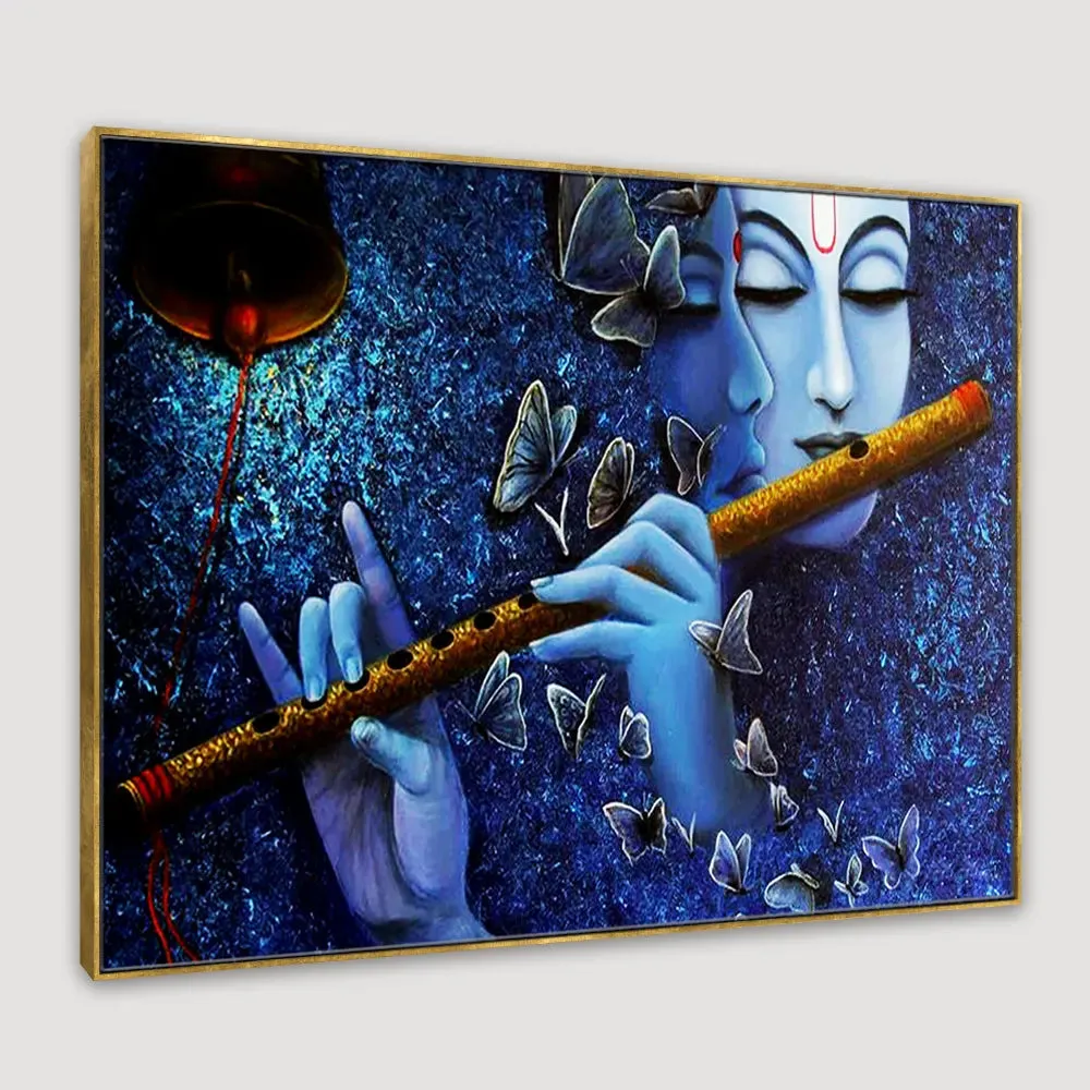 Radha Krishna Canvas Wall Painting Framed on Wood With Frame