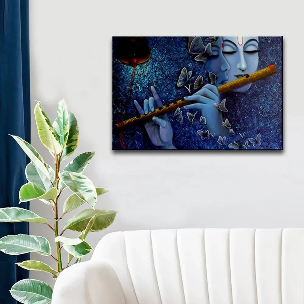 Radha Krishna Canvas Wall Painting Framed on Wood With Frame