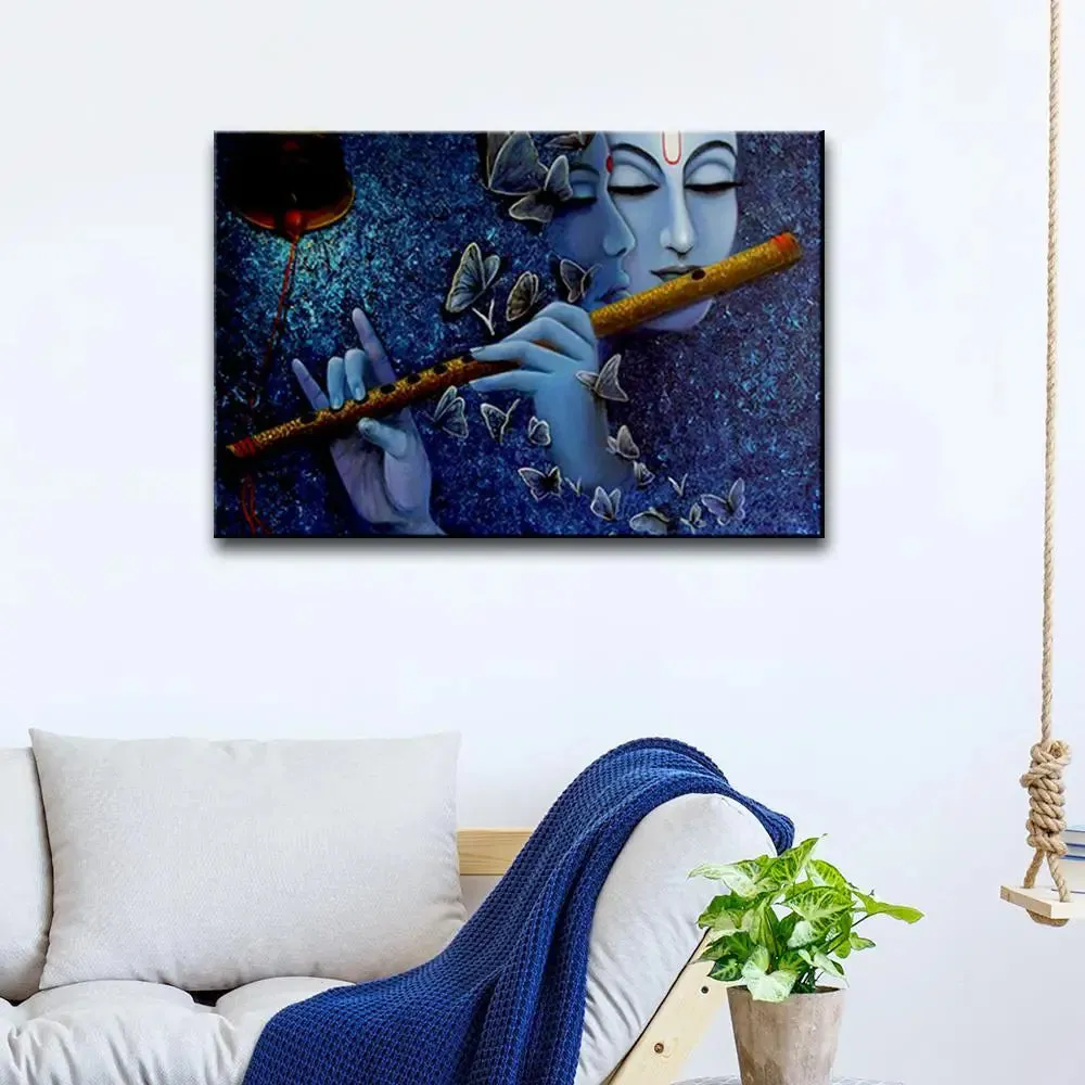 Radha Krishna Canvas Wall Painting Framed on Wood With Frame