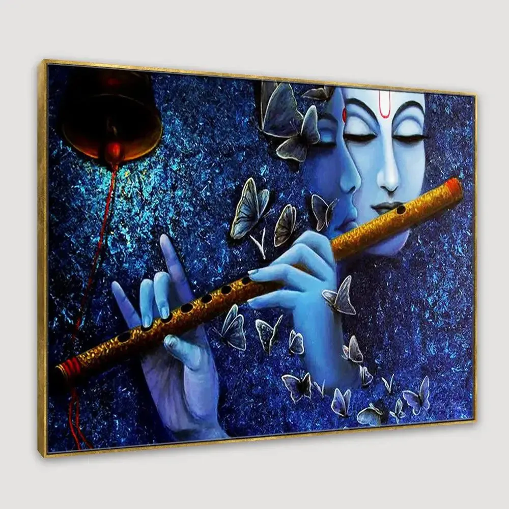 Radha Krishna Canvas Wall Painting Framed on Wood With Frame
