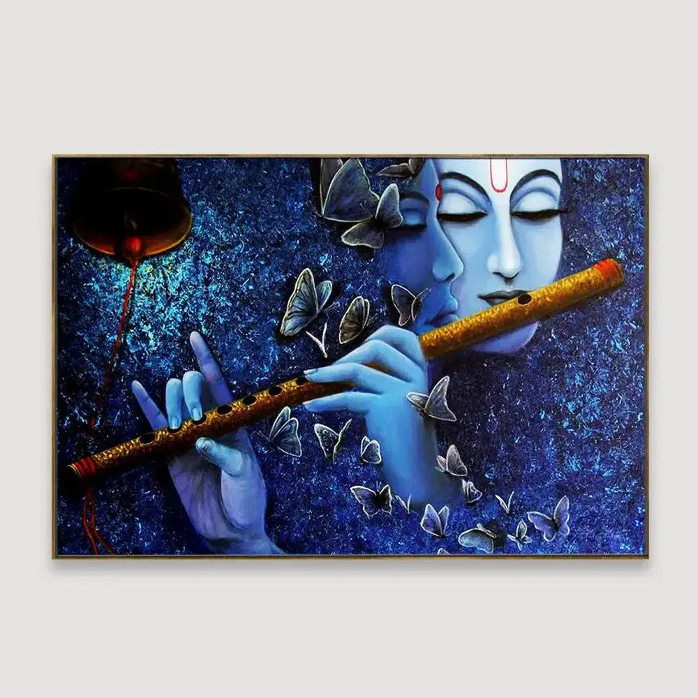 Radha Krishna Canvas Wall Painting Framed on Wood With Frame