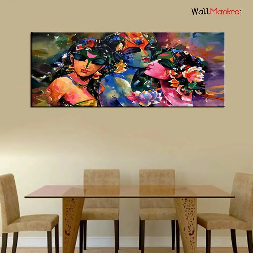 Radha Krishna Gopies Spiritual Wall Painting In  Canvas With Frame