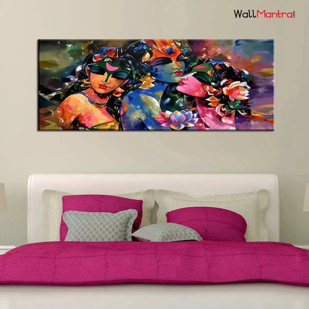 Radha Krishna Gopies Spiritual Wall Painting In  Canvas With Frame