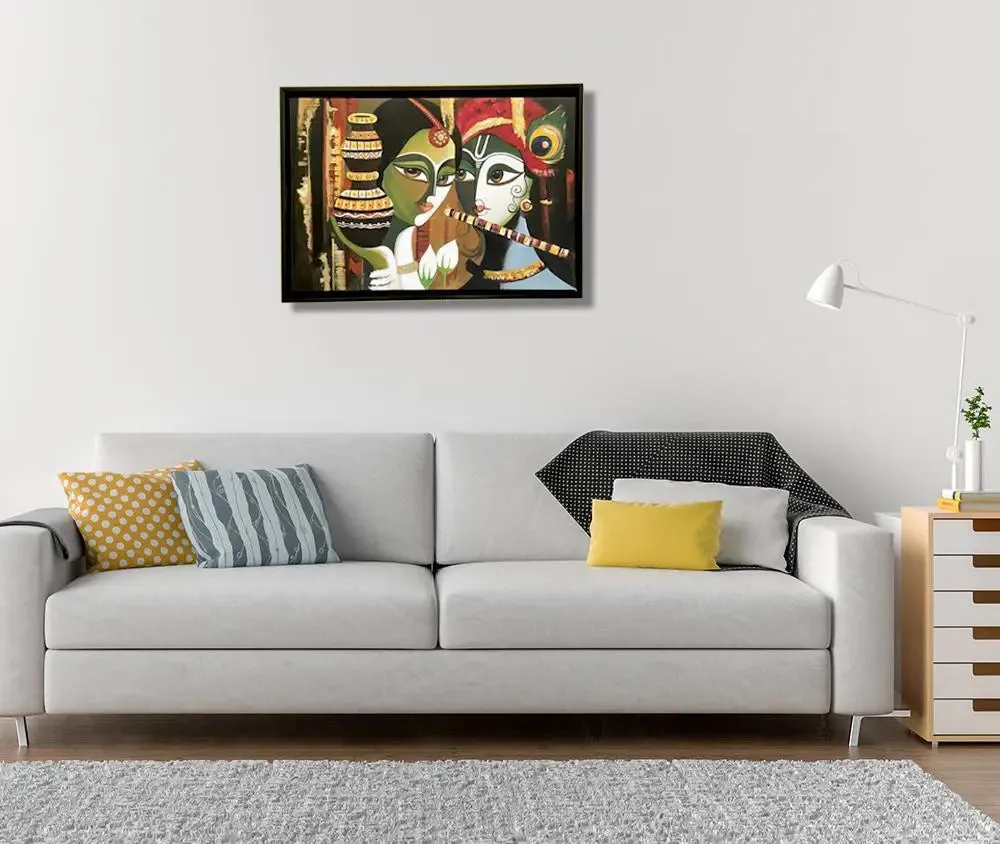 Radha Krishna Handmade Painting on Canvas (Black Frame)